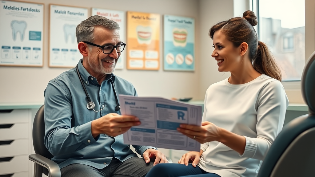 Dental professional educating patient on dental patient referral program, positive discussion in consultation room