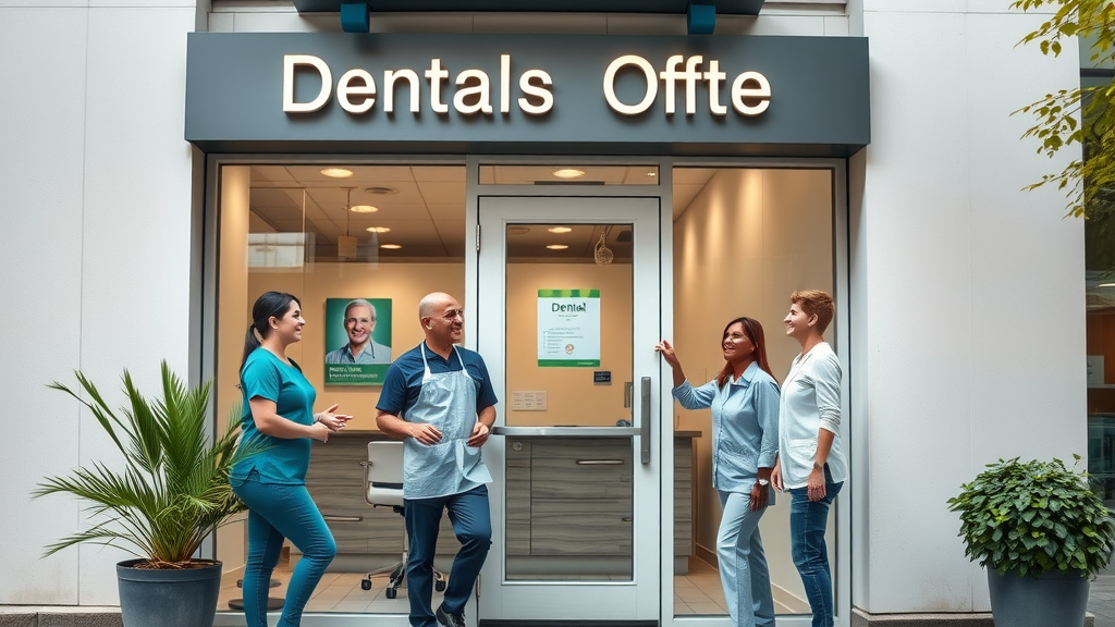 modern dental office exterior with welcoming staff, dental reputation management
