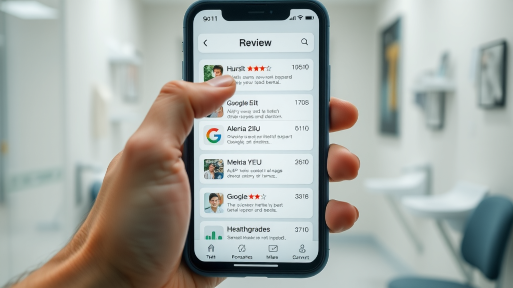 Mobile displaying review site icons for dentists - google, yelp, healthgrades, review generation systems for dentists