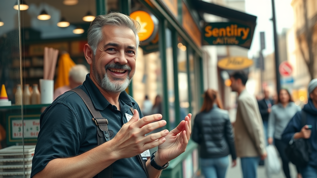 google business profile optimization - Dynamic local business storefront with confident small business owner engaging with customers, vibrant city
