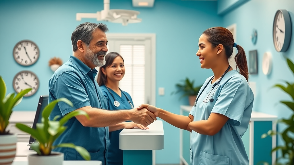 friendly dental staff greeting patient at front desk customer experience in dentistry