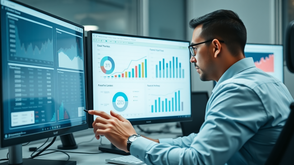 Dental practice professional analyzing referral program performance data for boosting dental patient referrals, graphs on screen