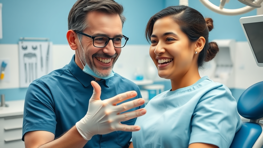 Confident dental professional building dental patient trust through reassuring interactions with patient