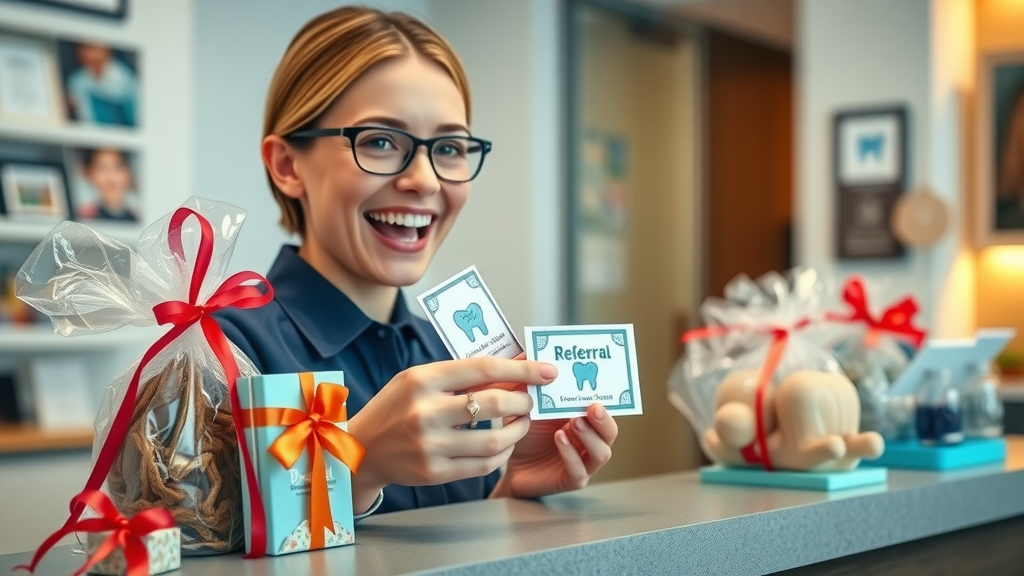 Dental referral marketing strategies referral rewards gifts smiling patients practice reception