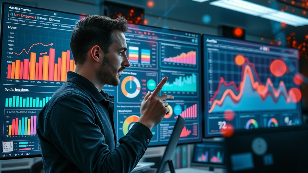 google business profile optimization - Analytics dashboard view with charts and an analyst reviewing user engagement