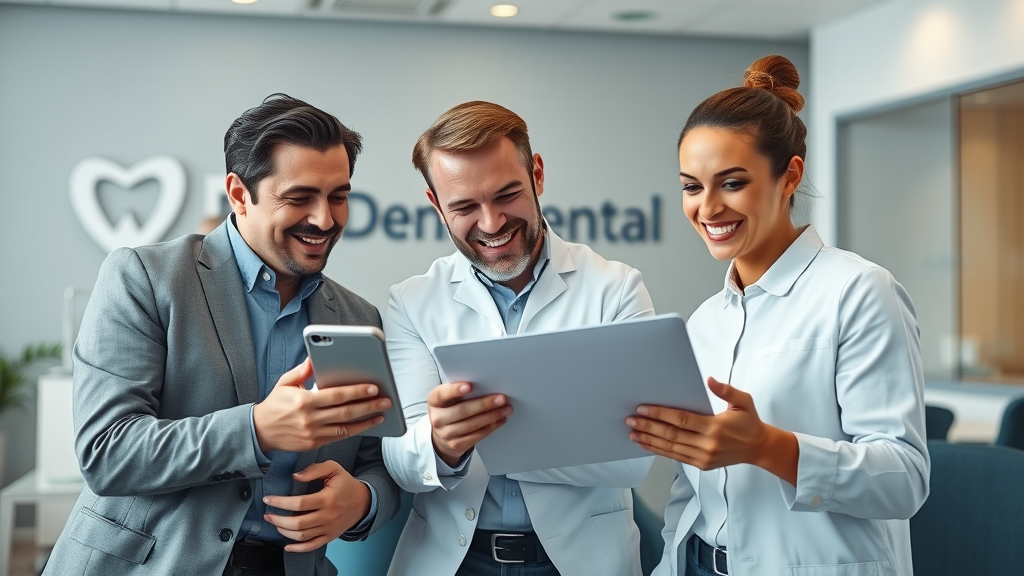 Professional dental team reviewing online feedback - reputation management for dentists